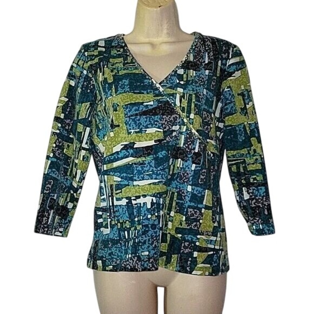 RUBY RD Abstract Print Top V-Neck 3/4 Sleeve Blouse Artsy Teal Green‎ White Size